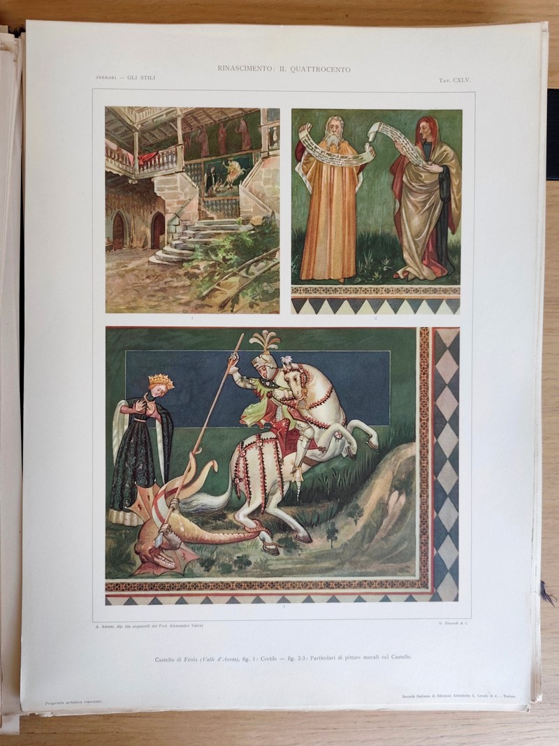 Gli stili nella forma e nel colore. Rassegna dell'arte antica e moderna di tutti i paesi (4 volumes en 1, 186 planches). I: Egiziano, caldeo, assiro, fenicio, egeo, greco, etrusco, romano, estremo oriente. II: Cristiano primitivo, bizantino, arabo. III: Romanico e gotico in Italiana. IV: Il rinascimento in Italia: il quattrocento