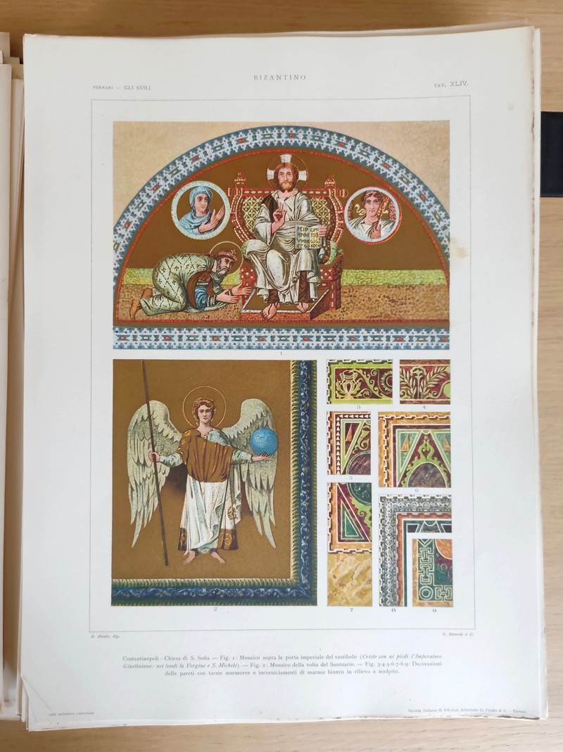 Gli stili nella forma e nel colore. Rassegna dell'arte antica e moderna di tutti i paesi (4 volumes en 1, 186 planches). I: Egiziano, caldeo, assiro, fenicio, egeo, greco, etrusco, romano, estremo oriente. II: Cristiano primitivo, bizantino, arabo. III: Romanico e gotico in Italiana. IV: Il rinascimento in Italia: il quattrocento