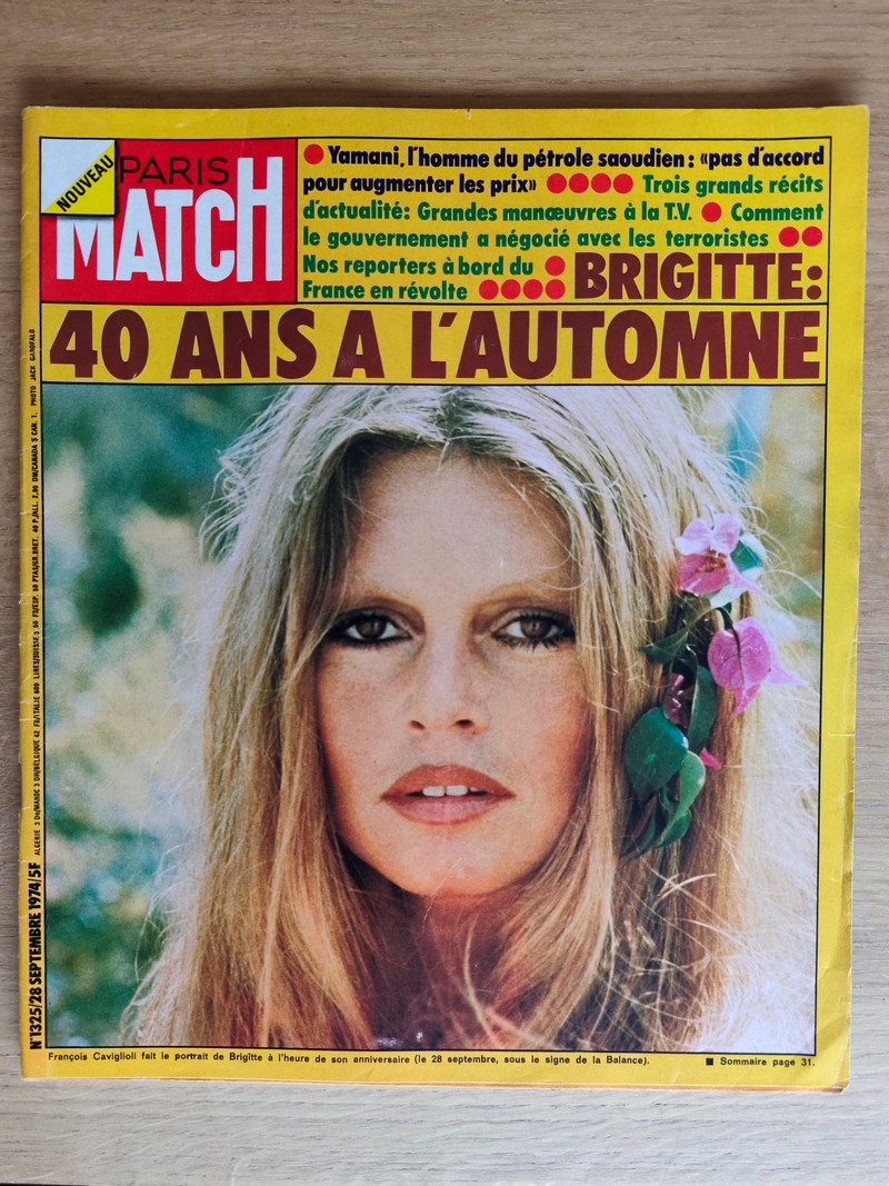 Brigitte : 40 ans à l'automne (Brigitte Bardot) - Paris Match 1325 du 28 septembre 1974