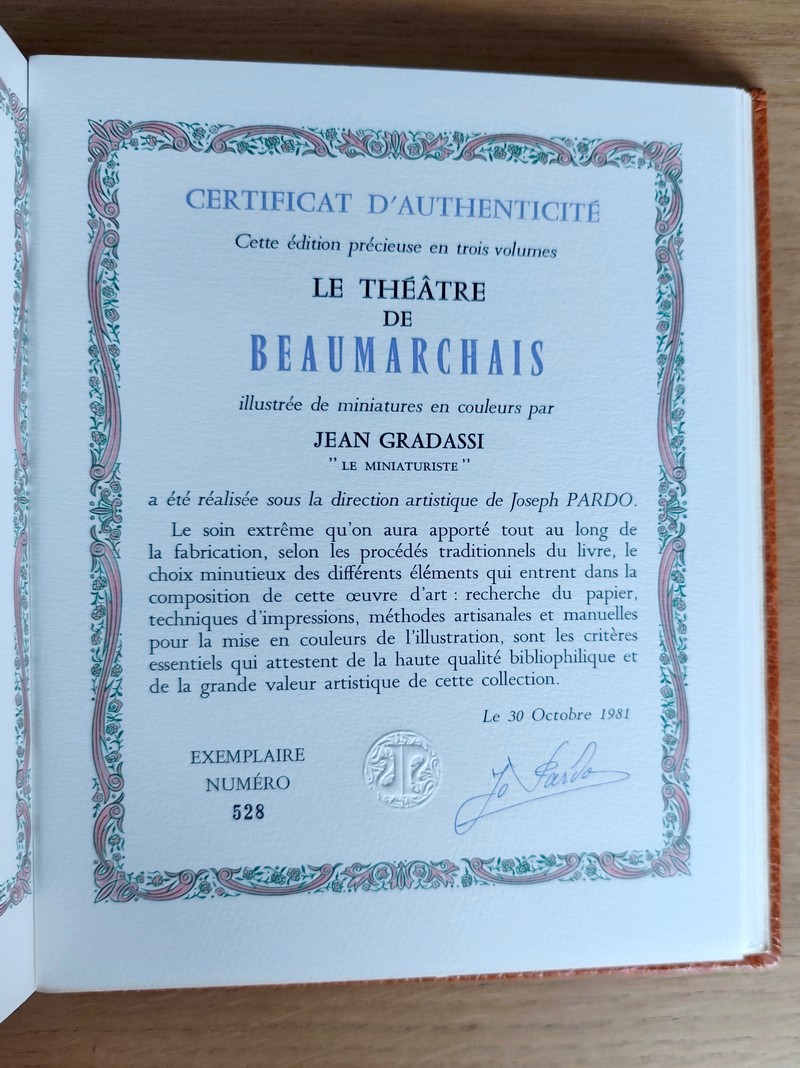 Le théâtre de Beaumarchais (3 volumes avec suite en violet de Bourgogne). Le Barbier de Séville ou la précaution inutile - Le négociant de Lyon - Le Mariage de Figaro ou La folle journée - Eugénie - La Mère coupable ou L'autre Tartufe - Tarare ou Le libre arbitre