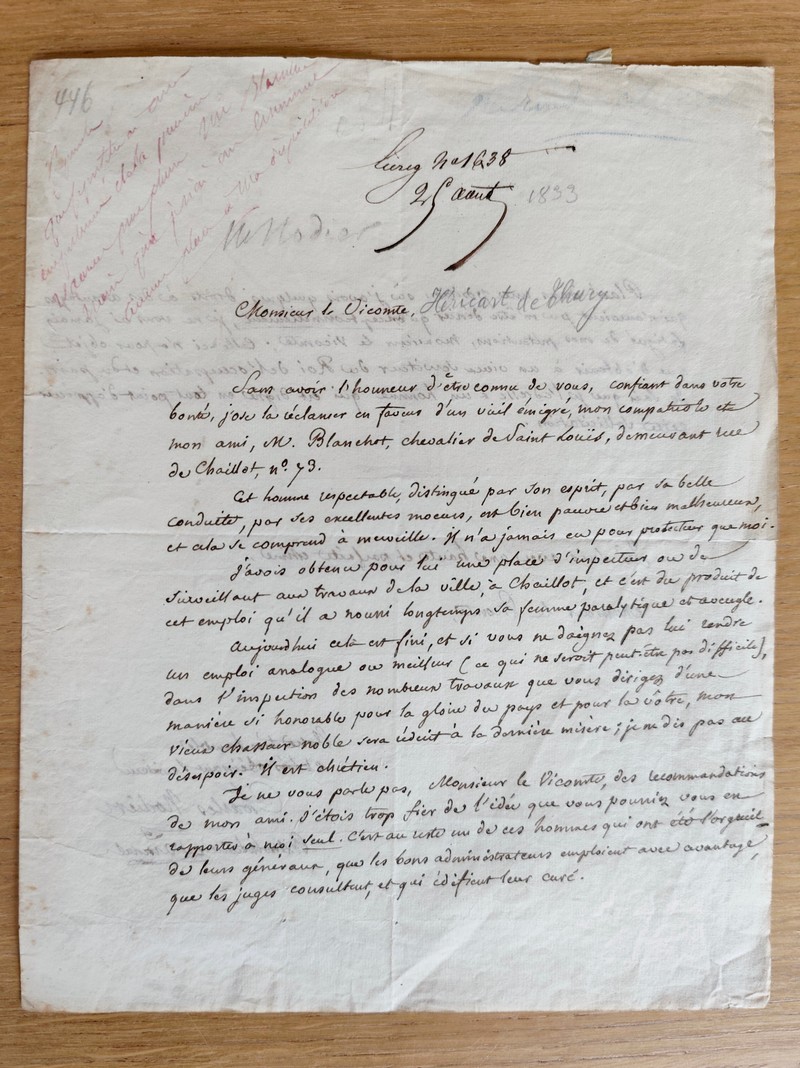 Lettre de 2 pages concernant la demande d'une aide pour un malheureux