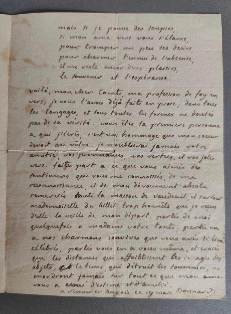 Lettre autographe en prose et vers signée
