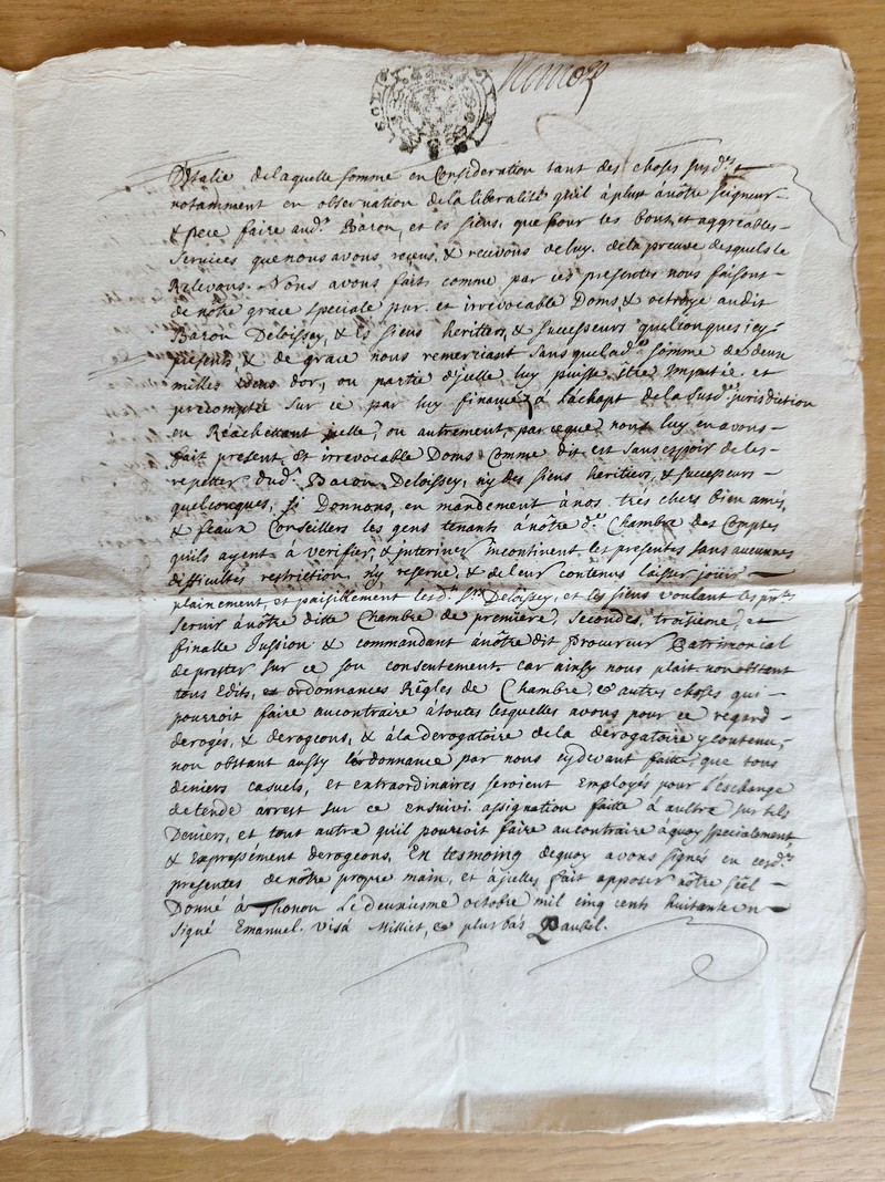 Extrait d'une lettre patente de Charles Emmanuel Ier en date de juillet 1720, pour un acte de 1581 concernant le don de 2000 écus provenant de l'affranchissement des taillables des paroisses de Saint-Paul, Meyrieux, Thémoy, Vertemex, inféodés au baron de Loissey