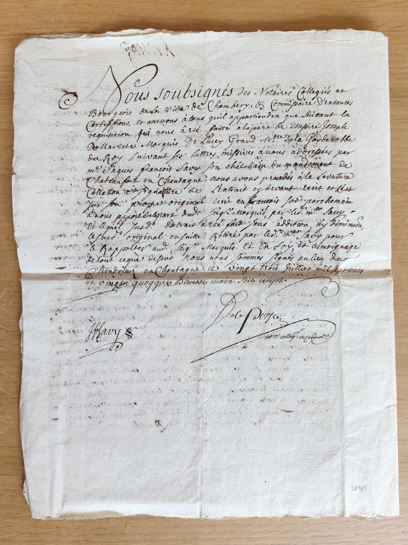 Extrait d'une lettre patente de Charles Emmanuel Ier en date de juillet 1720, pour un acte de 1581 concernant le don de 2000 écus provenant de l'affranchissement des taillables des paroisses de Saint-Paul, Meyrieux, Thémoy, Vertemex, inféodés au baron de Loissey