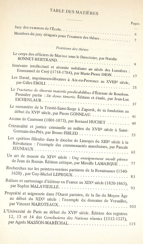 Position des thèses soutenues par les élèves de la promotion de 1984 pour obtenir le Diplôme d'Archiviste Paléographe