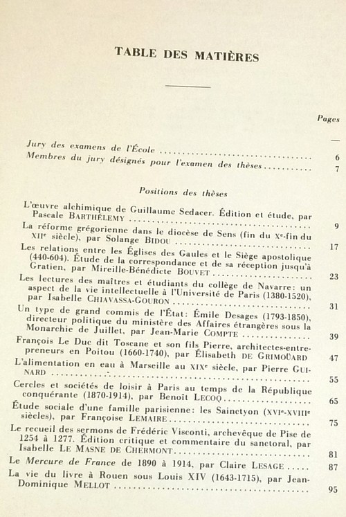 Position des thèses soutenues par les élèves de la promotion de 1985 pour obtenir le Diplôme d'Archiviste Paléographe