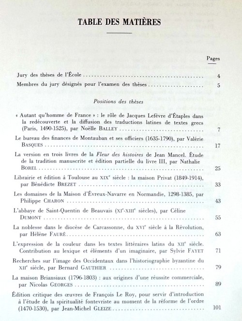 Position des thèses soutenues par les élèves de la promotion de 1991 pour obtenir le Diplôme d'Archiviste Paléographe