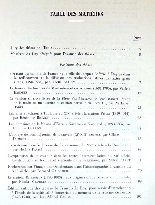 Position des thèses soutenues par les élèves de la promotion de 1991 pour obtenir le Diplôme d'Archiviste Paléographe