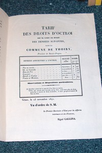 Manifeste de la Royale Chambre des Comptes, portant notification du règlement et du tarif approuvés par S.M. pour la perception d'un droit d'Octroi en faveur de la commune de Thoiry, province de Savoie-Propre